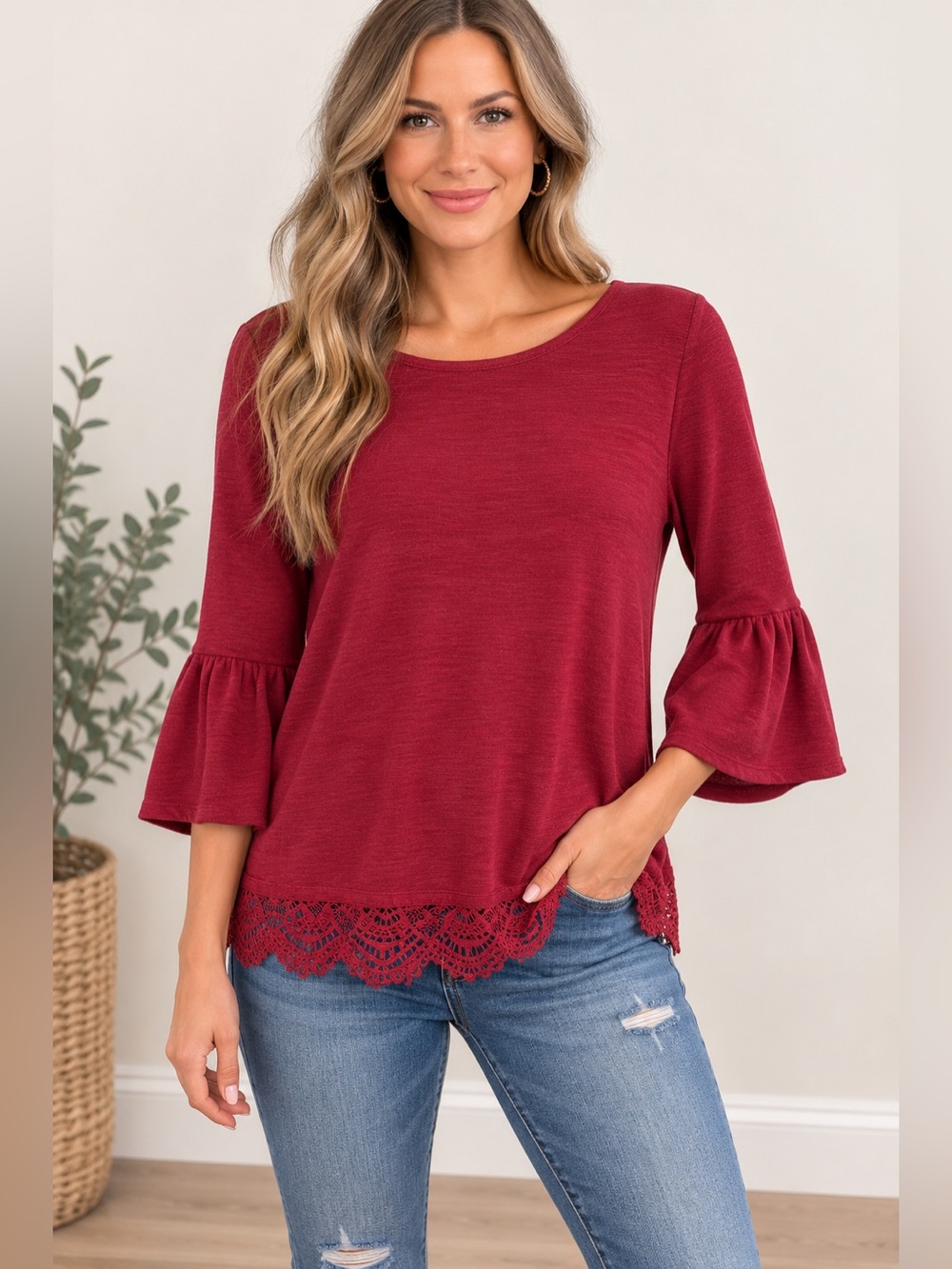 LC Lauren Conrad Burgundy Lace Hem Blouse